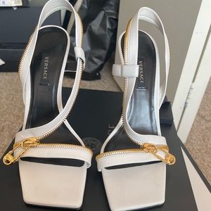VERSACE Safety Pin Zipper Leather Slingback Sandals In White